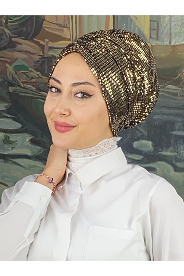 Altın Pullu Büzgülü Bone - 4