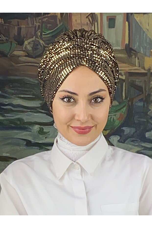 Altın Pullu Büzgülü Bone - 1