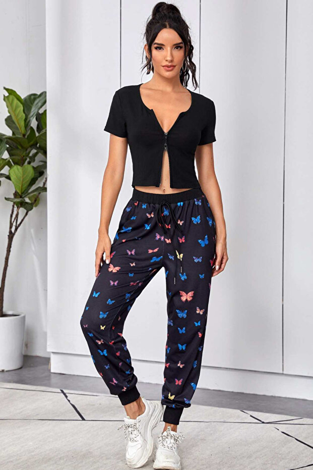 Kadın Siyah Çift Fermuarlı Yarım Kol Crop Top Bluz - 3