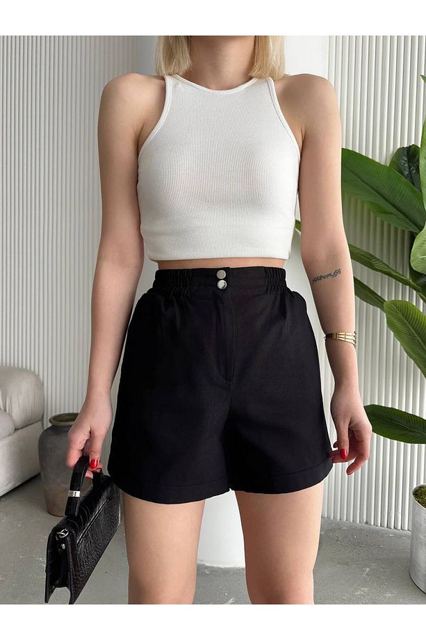 Kadın Şort - Bel Lastikli - Çift Düğme Detaylı - Gabardin Kumaş Şort - 3