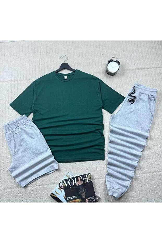 Oversize NEFTİ Relaxed Cut T-shirt Gray Shorts Tracksuit 3-Piece Set Unisex