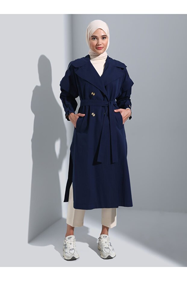 Vest with Detachable Sleeves Trench Coat - Navy Blue - Benin