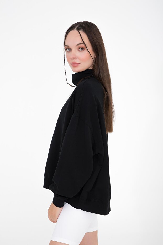 Vassago Siyah Dik Yaka Basic Ince Sweatshirt - 3