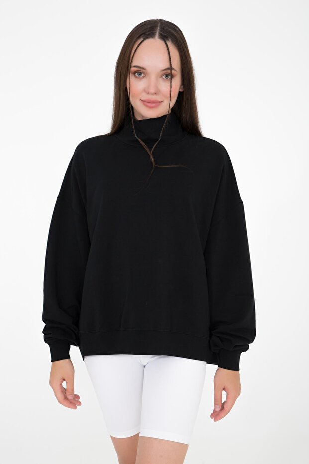 Vassago Siyah Dik Yaka Basic Ince Sweatshirt - 1