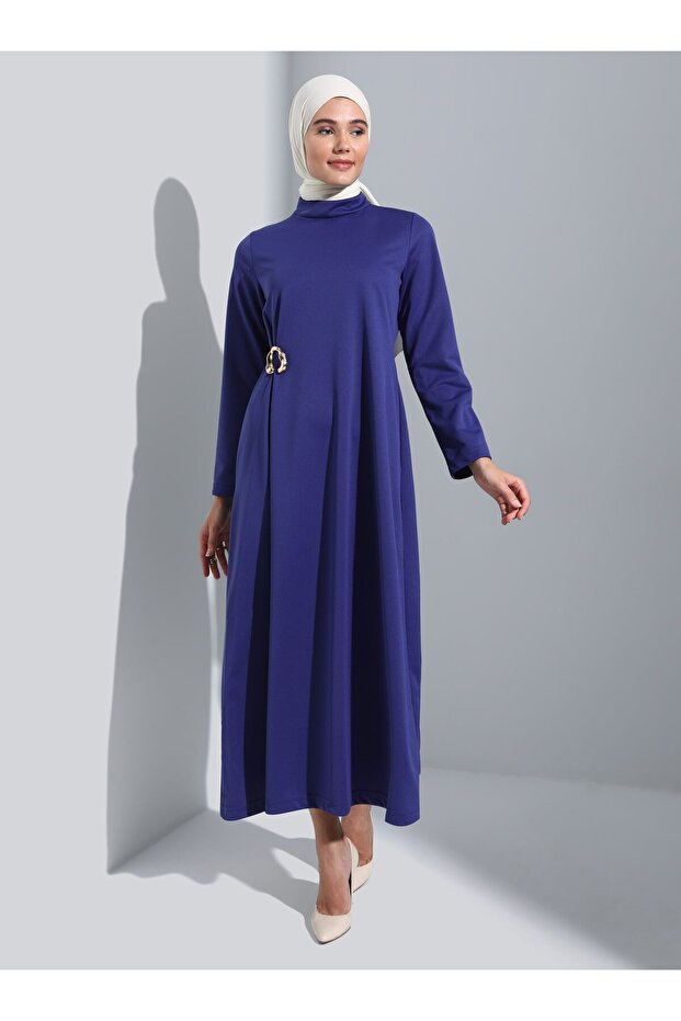 Brooched Judge Collar Hijab Dress - Navy Blue - Refka