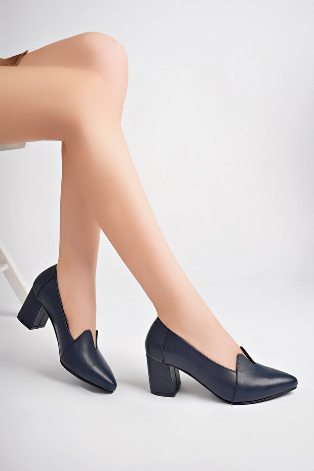 Genuine Leather Navy Blue Women's Heeled Leather Shoes Shn-0955