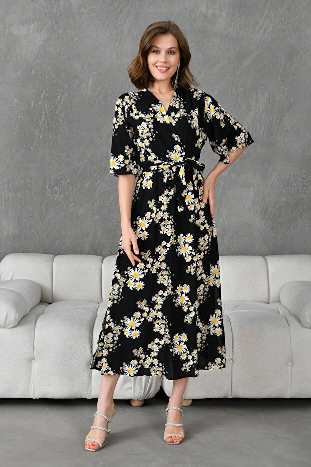 Women's Stretchy Viscose Fabric Daisy Patterned Double Breasted Collar Midi Length Belted Dress 098