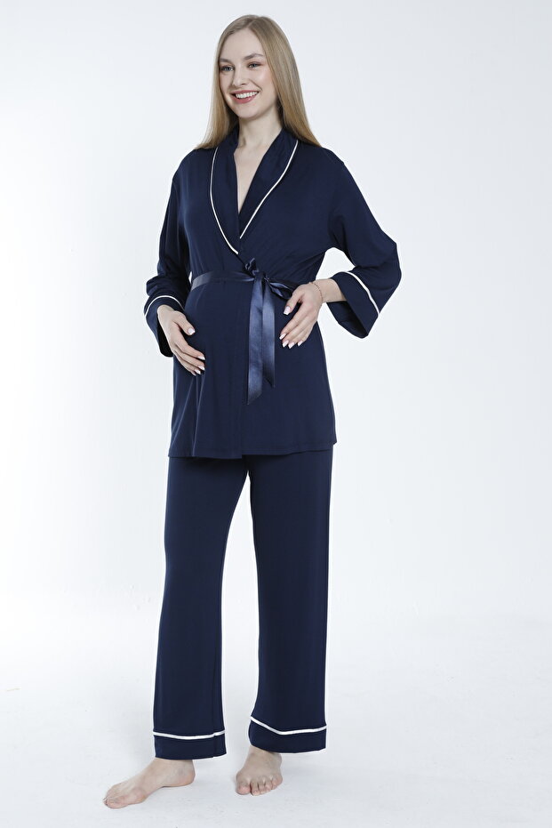 Front Tie-Detail Wide Collar Maternity and Postpartum Pajama Set