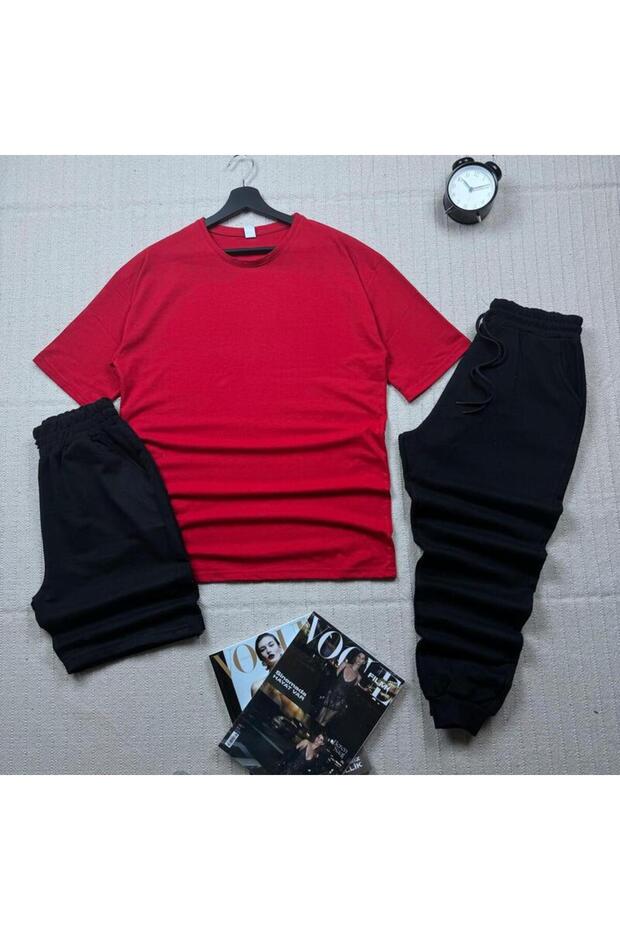Oversize Red Relaxed Fit T-shirt Black Shorts and Sweatpants 3-Piece Set Unisex
