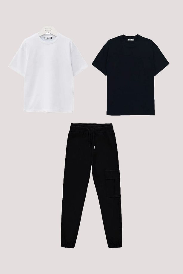 İnci tekstil 3'lü Unisex Çocuk Set 1Adet Kargo Cep Eşofman Altı 2 adet basic t-shirt - 1