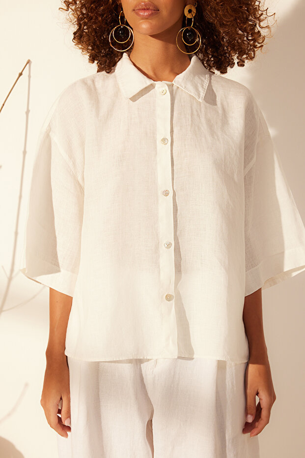 Ekru %100 Keten Oversize Gömlek TWOSS24GO00122 - 5