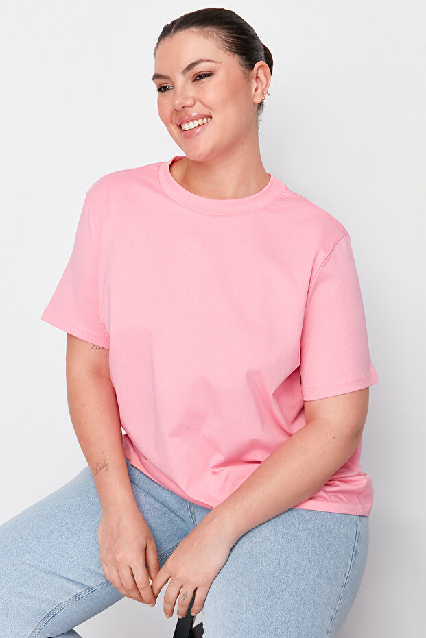 Pembe Yakası Ribanalı Boyfriend %100 Pamuk Örme T-shirt TBBSS23BF00019 - 3