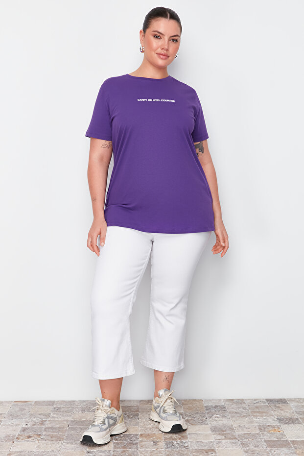 Mor Relaxed Fit Slogan Baskılı Bisiklet Yaka %100 Pamuk Örme Büyük Beden T-Shirt TBBSS23BF00022 - 1