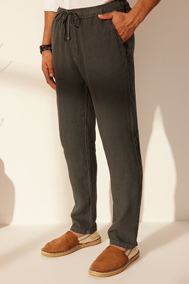 Premium Gri %100 Keten Straight Fit Lastikli Beli Bağlamalı Pantolon TMNSS24PL00018 - 1