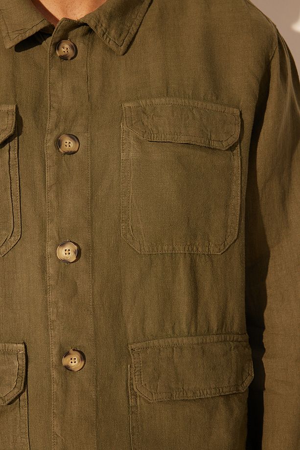 Premium Haki %100 Keten Regular Fit Çok Cepli Ceket TMNSS24CE00006 - 5