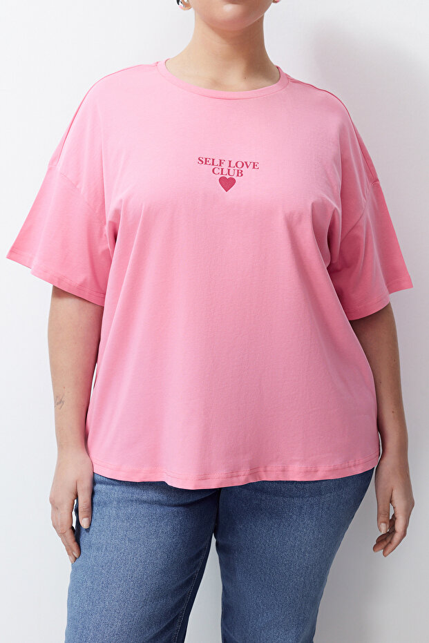 Pembe Baskılı Oversize %100 Pamuk Örme T-shirt TBBSS24BF00011 - 6