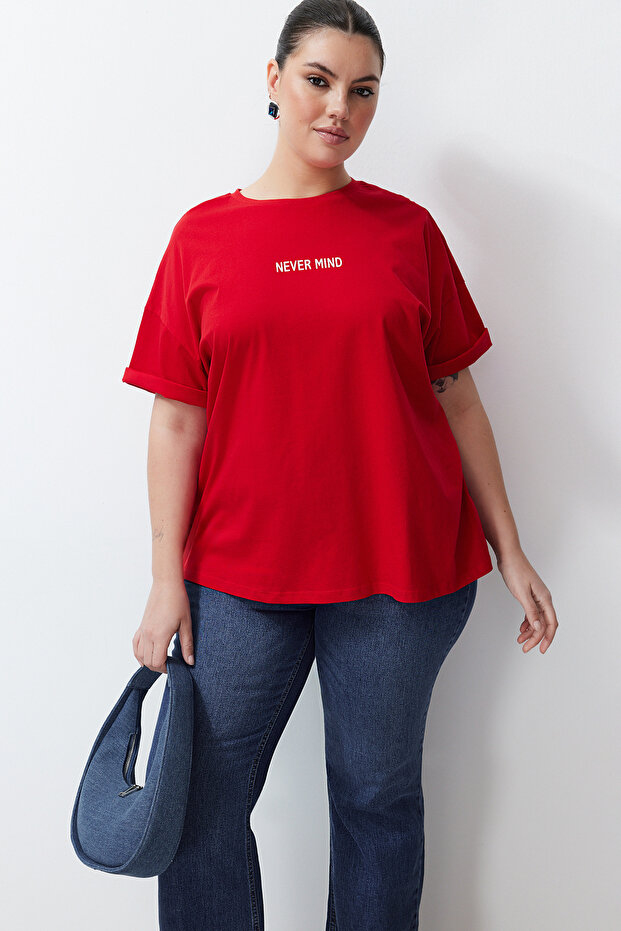 Túlméretes piros szlogen nyomott 100% pamut nagy méretű póló - TBBSS24BF00018 - 2