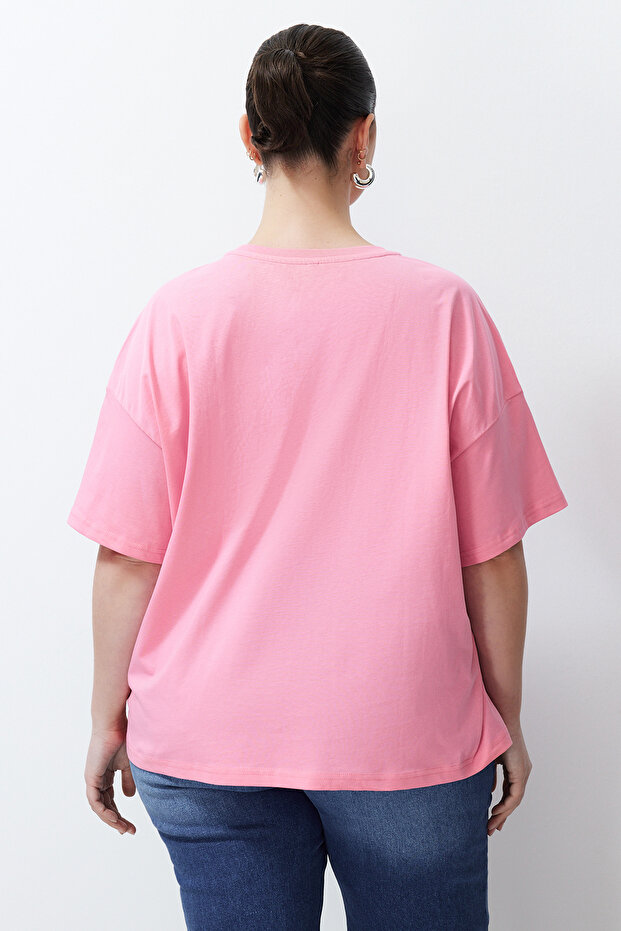 Pembe Baskılı Oversize %100 Pamuk Örme T-shirt TBBSS24BF00011 - 7