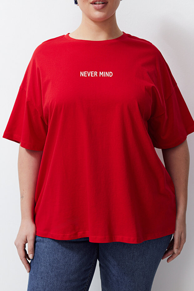 Túlméretes piros szlogen nyomott 100% pamut nagy méretű póló - TBBSS24BF00018 - 5