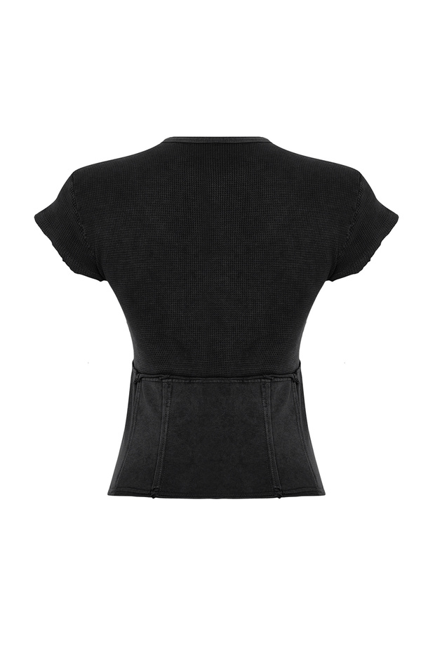 Antrasit Düz Yıkamalı Slim Bisiklet Yaka Crop Örme Bluz TWOSS24BZ00405 - 8