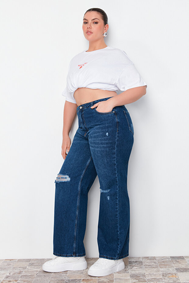 Koyu Mavi Yüksek Bel Destroylu Geniş Paça/Wide Leg %100 Pamuk Büyük Beden Jeans TBBSS22JE00006 - 4