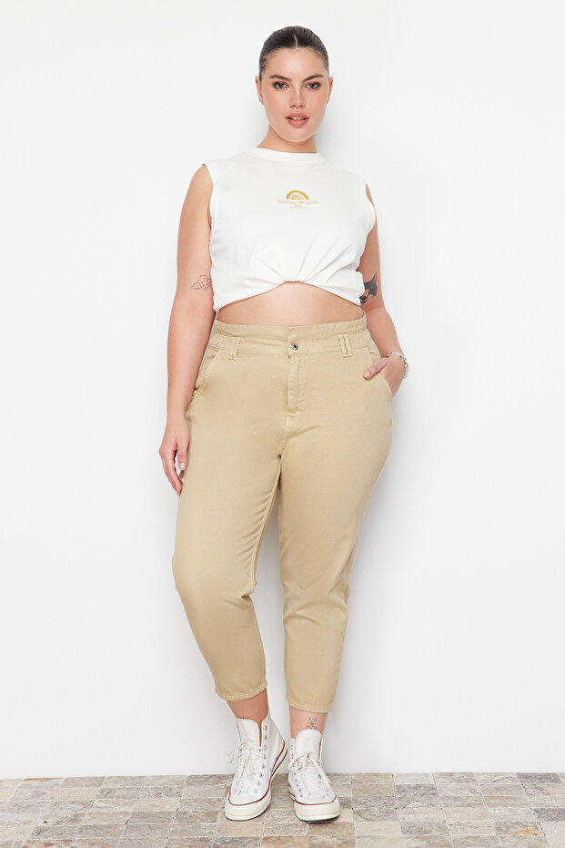Beige High Waist Elastic Waist Mom Jeans TBBAW23CJ00037