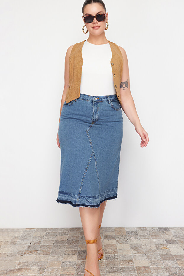 Mavi Renk Bloklu Denim Etek TBBAW24AZ00025 - 1