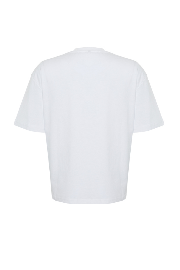 Beyaz Baskılı %100 Kalın Pamuklu Relaxed/Rahat Kesim Örme T-Shirt TWOSS24TS00178 - 8