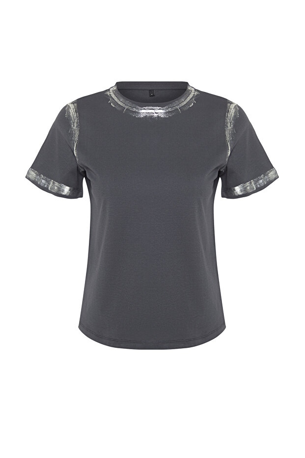 Antrasit Varaklı Loose/Rahat Kalıp Örme T-Shirt TWOSS24TS00073 - 7