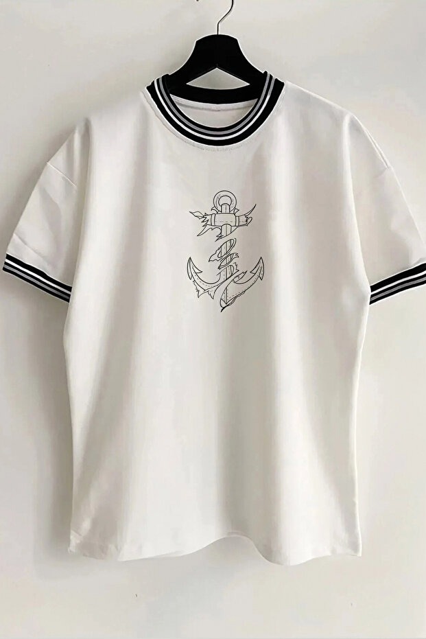 Anchor Printed Unisex New Season Oversize Fit Collar Detailed Summer White T-shirt