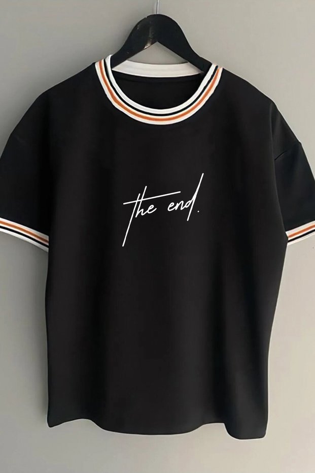 The End Text Printed Unisex New Season Oversize Fit Collar Detailed Summer White T-shirt
