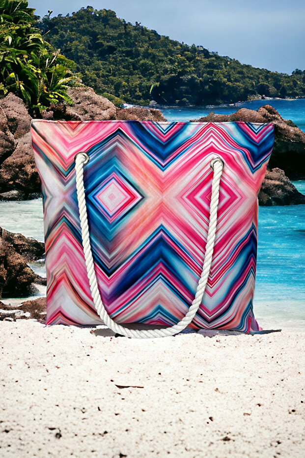 Fuchsia Stripe Patterned Beach Bag - 2