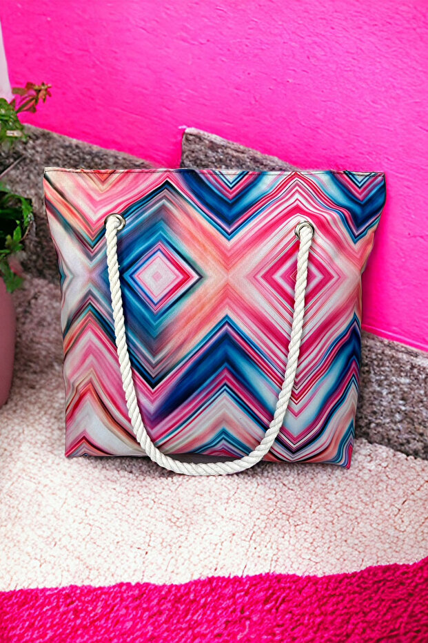 Fuchsia Stripe Patterned Beach Bag - 1