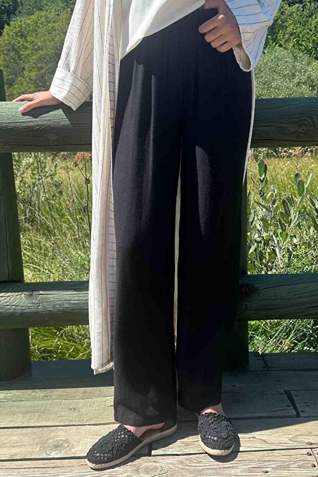 Siyah Keten Pantolon - 1