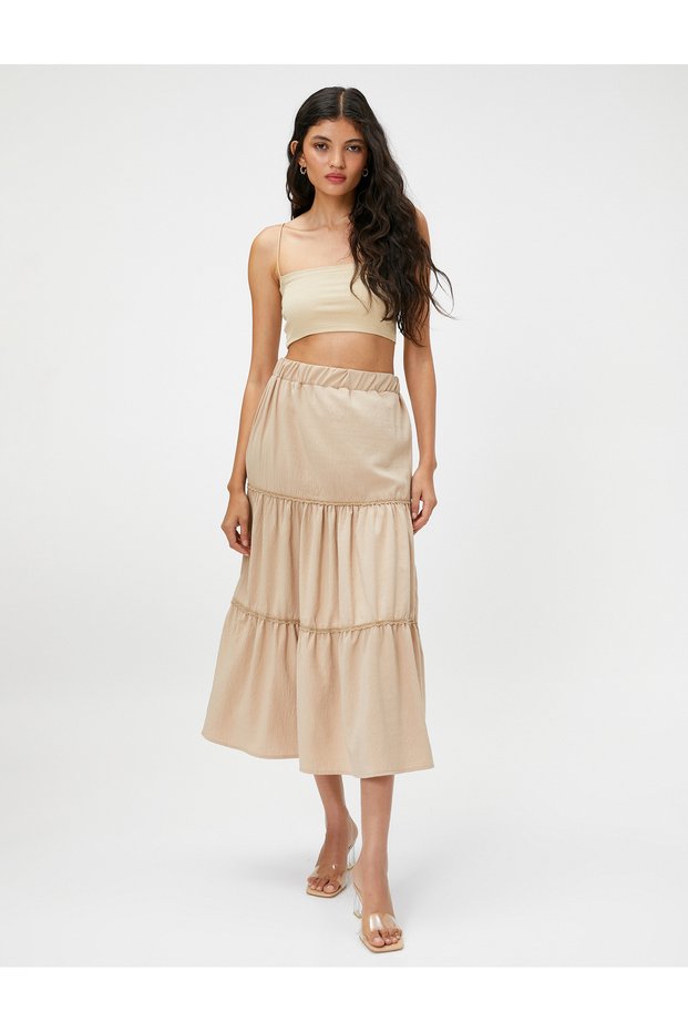 Midi Skirt Layered Ribbon Scallop Detail Elastic Waist