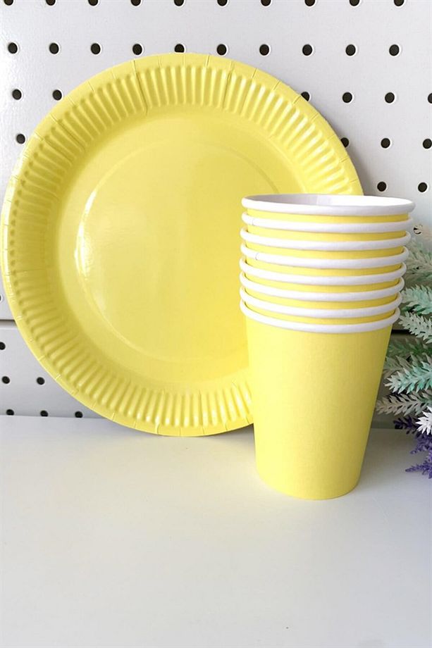 Sarı Makaron Pastel Karton Tabak Bardak Set 8 Li - 2