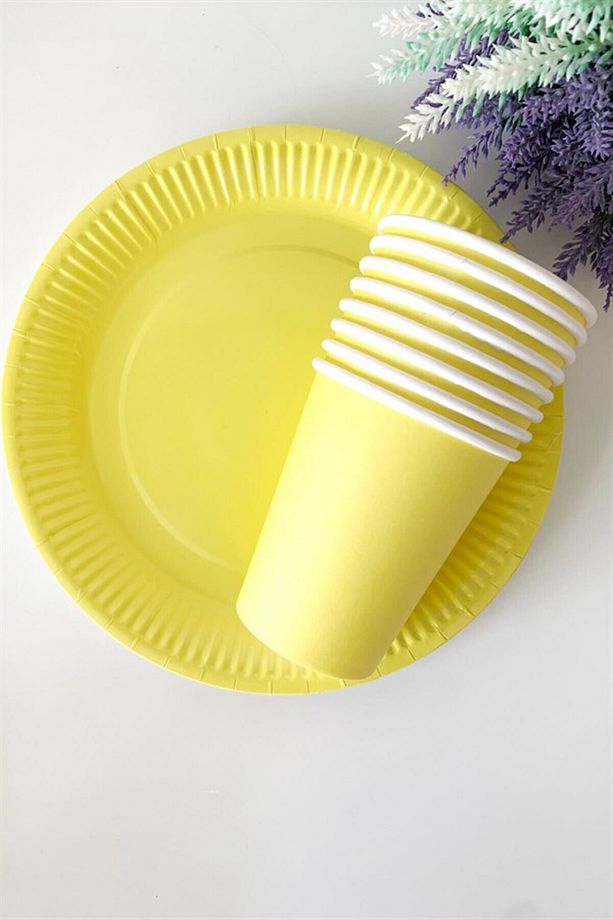 Sarı Makaron Pastel Karton Tabak Bardak Set 8 Li - 1
