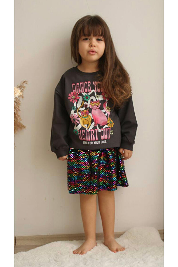Sequined Colorful Skirt Anthracite Sweatshirt