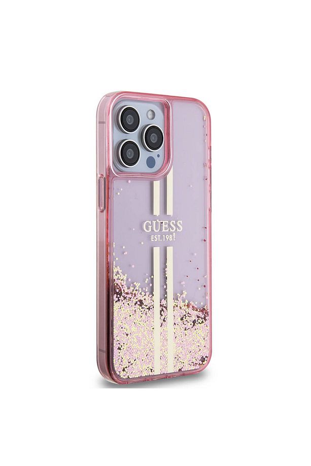 iPhone 15 Pro Max Uyumlu Kılıf Guess Lisanslı Transparan Sıvılı Simli Altın Çizgili Kapak Pembe - 4