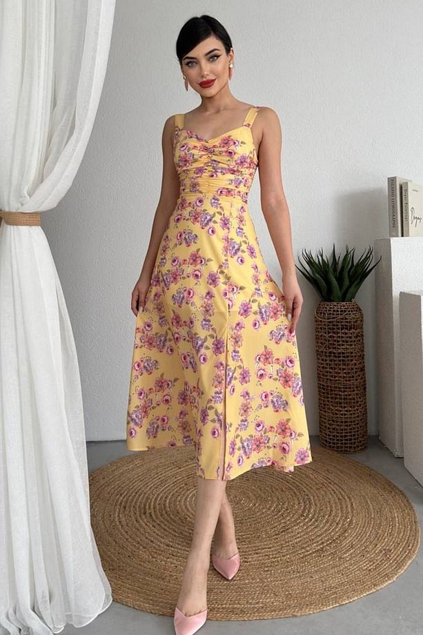 Kadın Çiçek Desenli Atlas Kumaş Drape Tasarımlı Yırtmaç Detay Askılı Midi Elbise 241 - 1