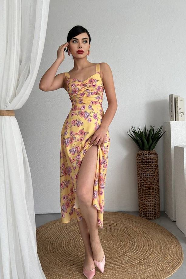 Kadın Çiçek Desenli Atlas Kumaş Drape Tasarımlı Yırtmaç Detay Askılı Midi Elbise 241 - 6