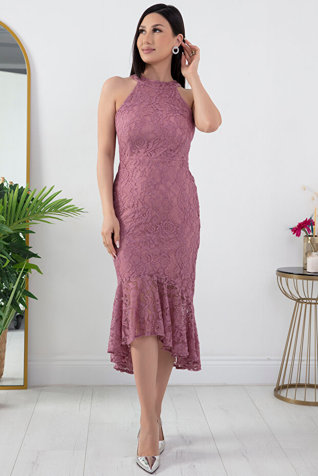 C Yaka Simli Dantel Kısa Abiye Elbise 13299 - 4