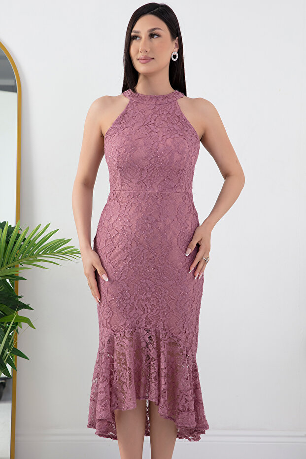 C Yaka Simli Dantel Kısa Abiye Elbise 13299 - 2