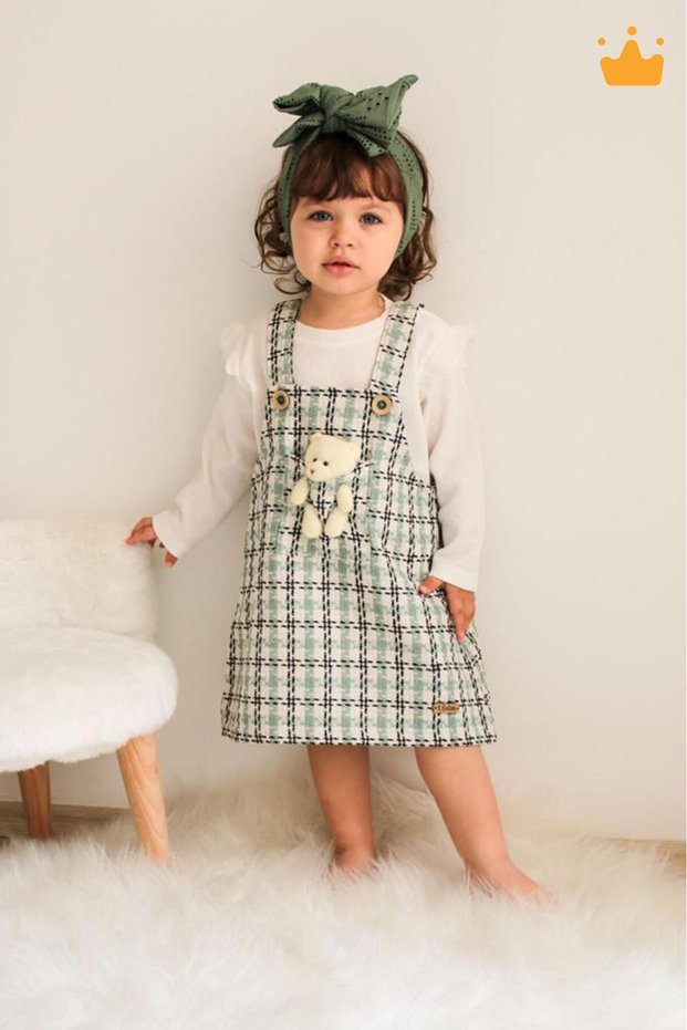Stylish Holiday Bear Playmate Tweed Baby Girl Badi Gilet 2-Piece Dress with Toys