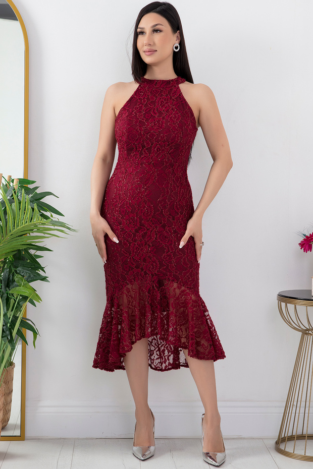 C Yaka Simli Dantel Kısa Abiye Elbise 13299 - 4