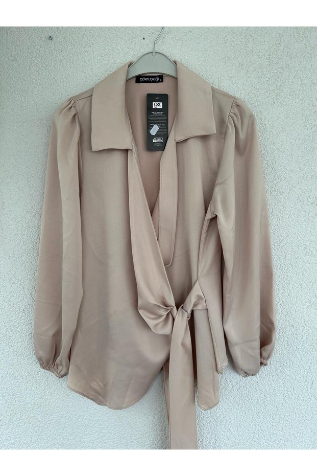 Satin Double Breasted Collar Side Tie Shirt Blouse