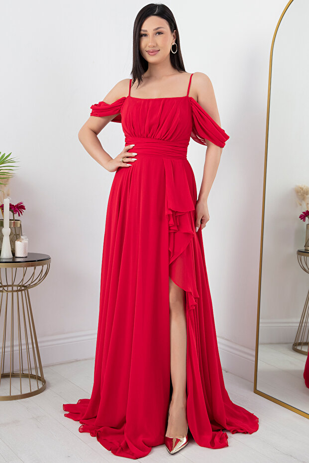 Eteği Feırfırlı Askılı Şifon Elbise 1380 - 4