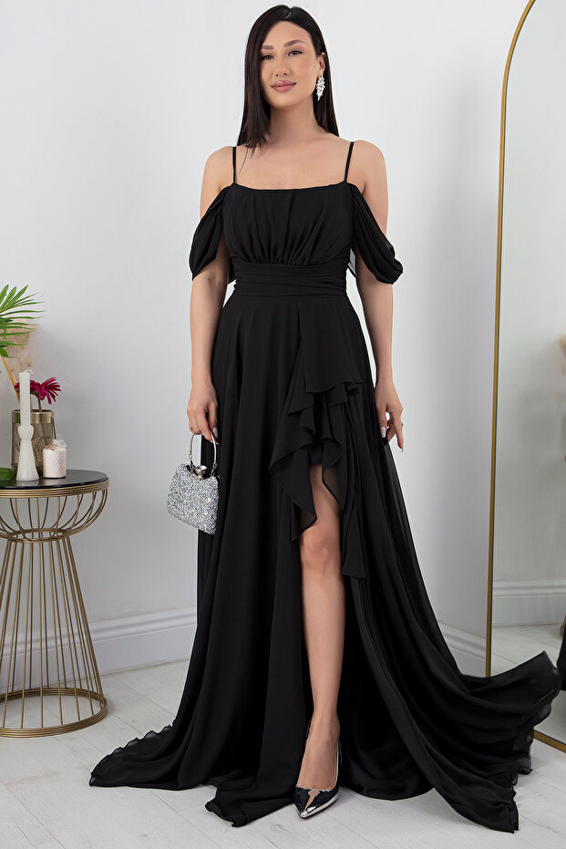 Eteği Feırfırlı Askılı Şifon Elbise 1380 - 1