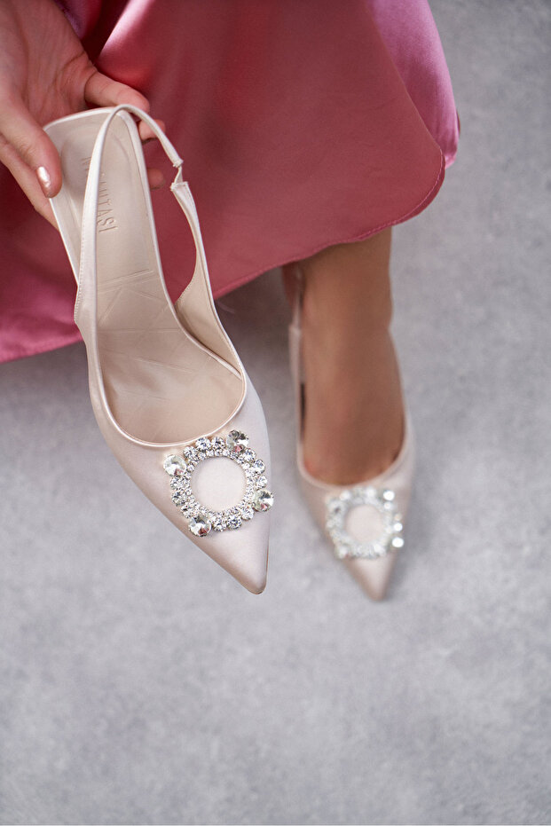 Amara bézs szatén kő részletes női sarkú cipő - 5