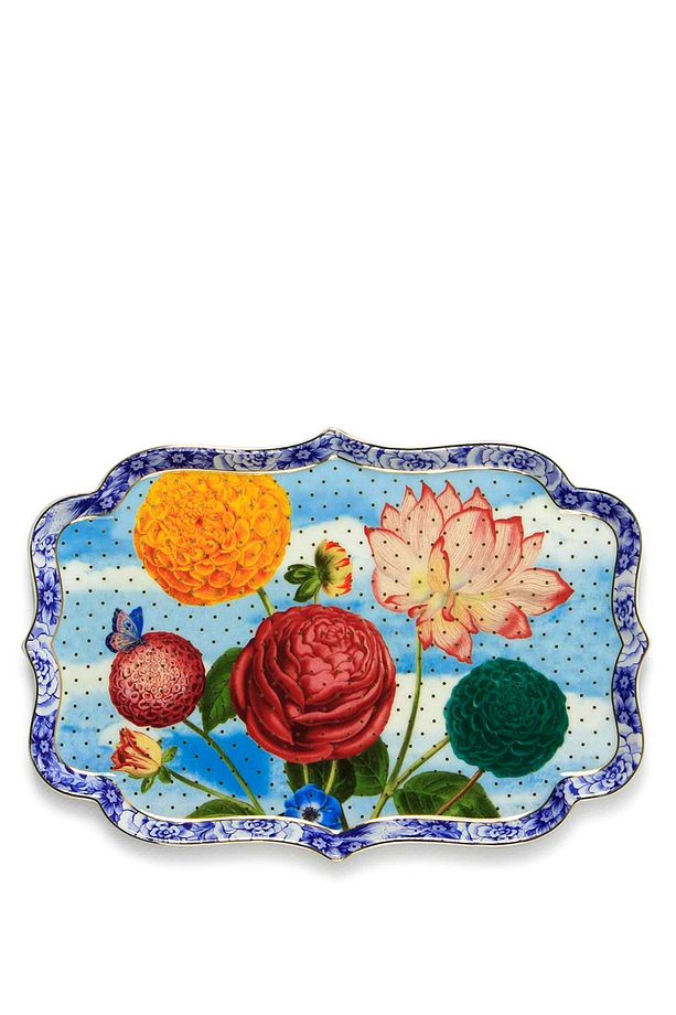 Royal Mavi Çiçek Desenli Tepsi - 1